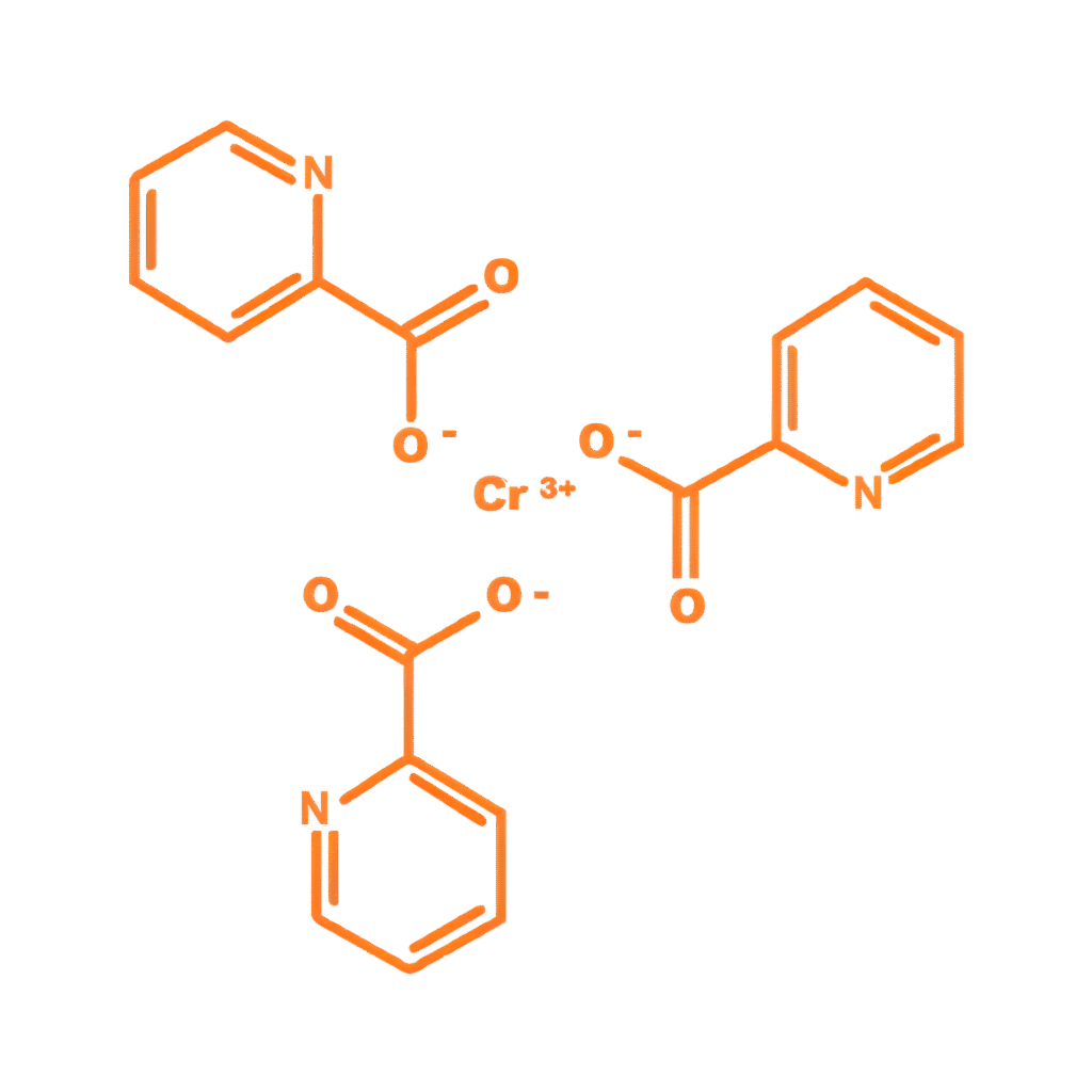 Molecular structure of Chromium Picolinate, a bioavailable form of chromium supplement that enhances insulin sensitivity and supports glucose metabolism.