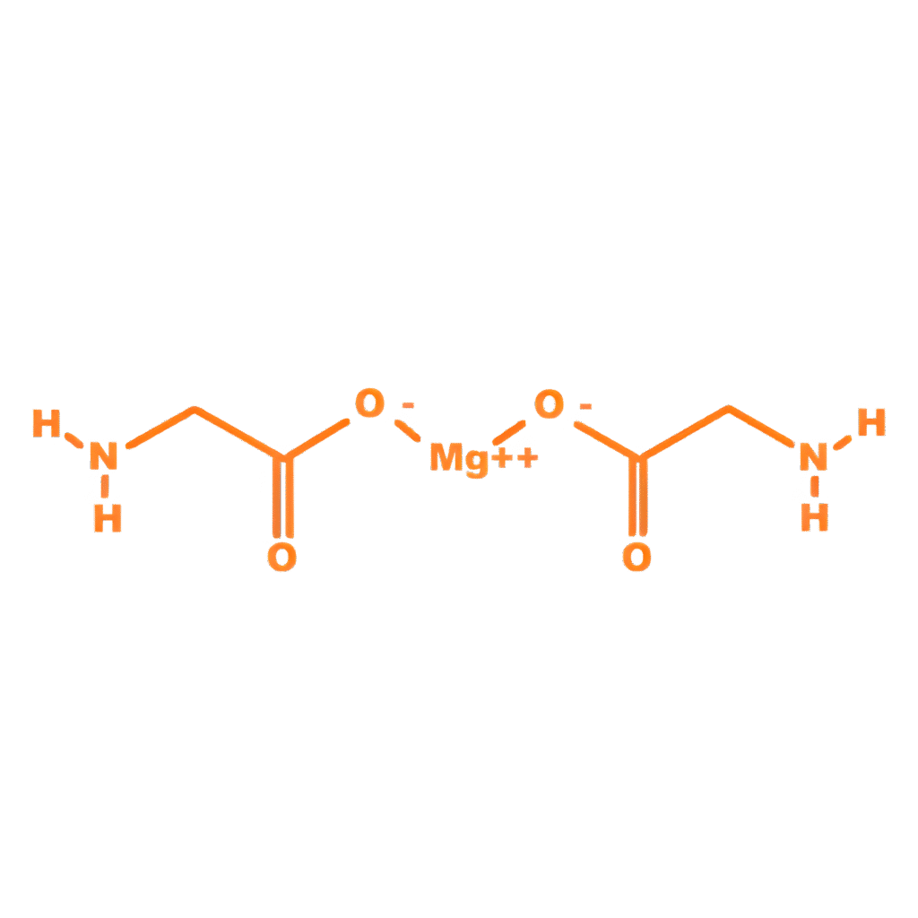 Chemical structure of Magnesium Bisglycinate — a highly bioavailable form of magnesium bound to two glycine molecules, used in performance supplements to enhance absorption, support sleep, muscle recovery, and nervous system balance.
