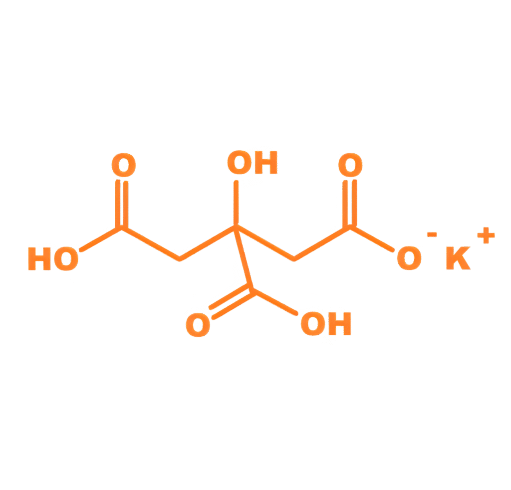 Molecular structure of potassium citrate – a bioavailable potassium supplement used to support blood pressure regulation, cardiovascular health, and muscle function.