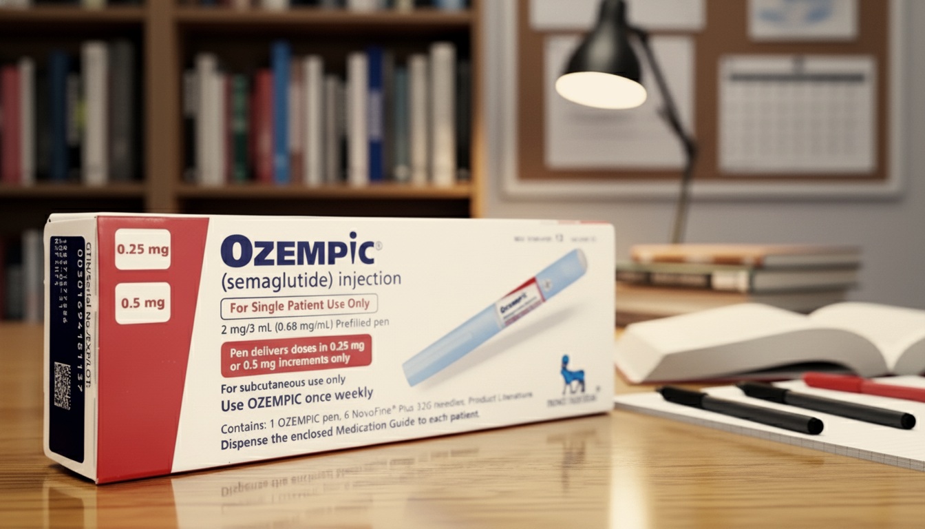 A box of Ozempic (semaglutide) injection sits on a wooden desk in a study or office setting. Behind the box are bookshelves filled with books, and on the desk are an open notebook, pens, and a desk lamp. The scene looks organized and academic, suggesting focus, research, or productivity.